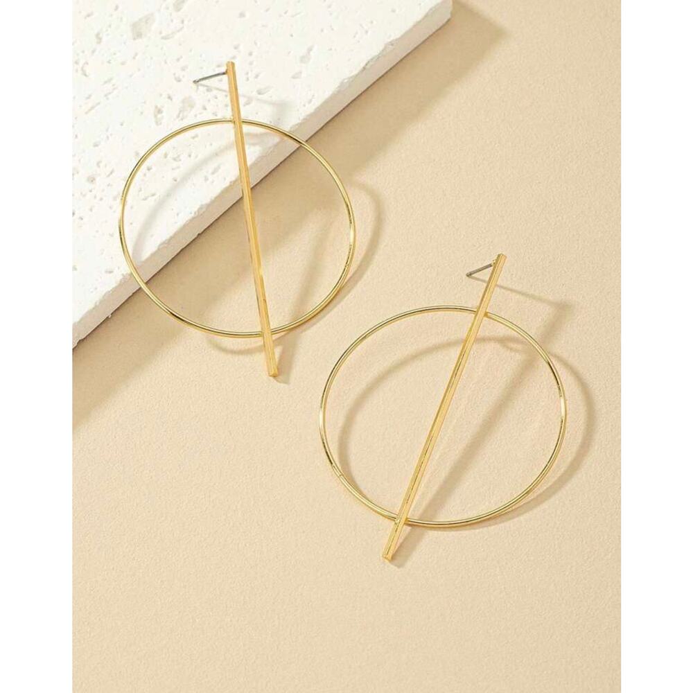 Gold Geometric Hoop Statement Earrings Minimalist Circle Bar Earrings Abstract - Picture 2 of 4